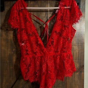 Anyou Red  Lace Plunge Chemise with Tie Back and snap crotch